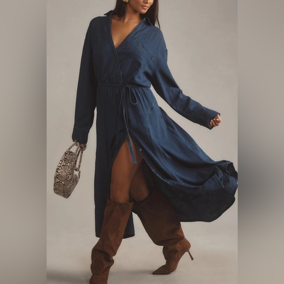 Anthropologie Pilcro Dress faux Wrap Midi Blue V Neck Preppy Boho Sz XL - Picture 1 of 12